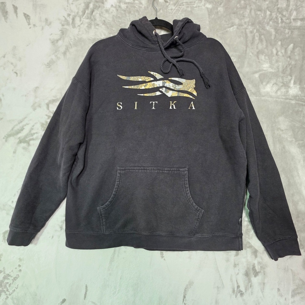 Sitka Gear Mens XL Black Pullover Hoodie Camo Logo Graphic Sweatshirt RN66633
